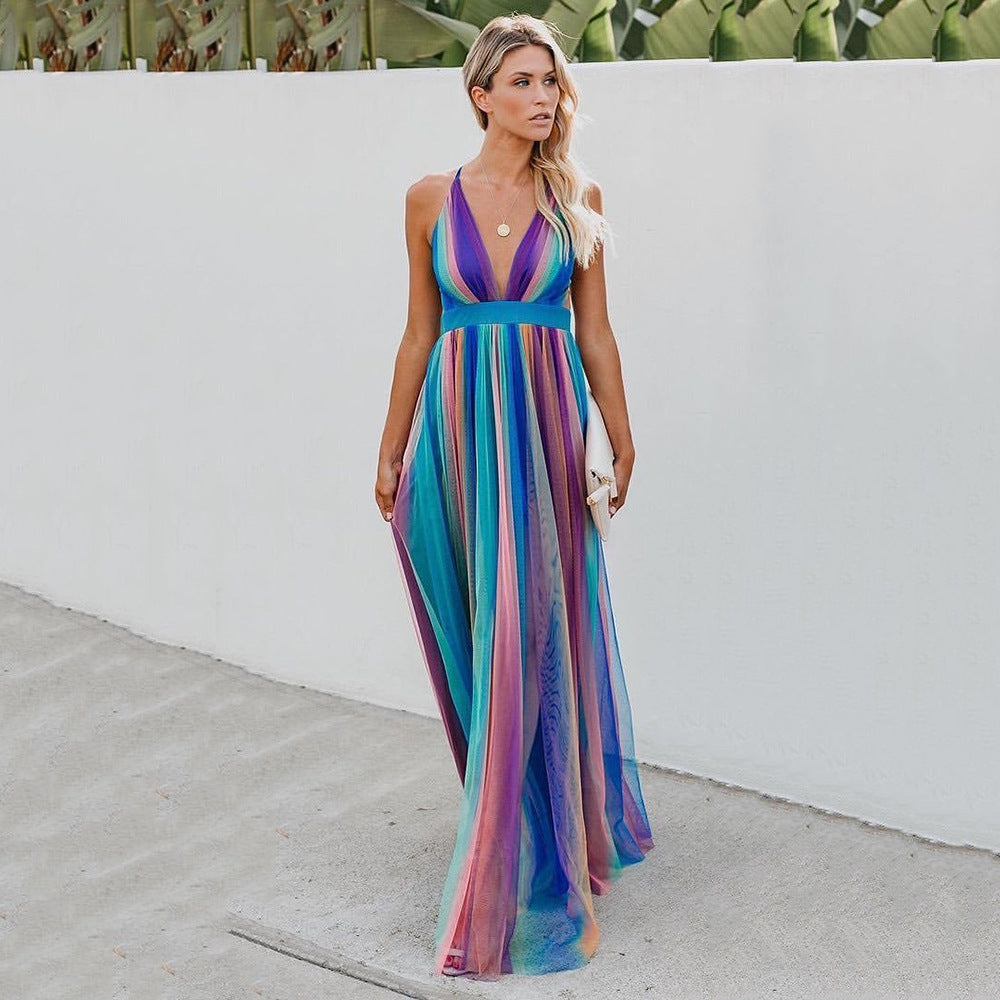 2025 New new spring and summer 2025 Popular trade women's long dress sexy deep V rainbow mesh suspender, dress