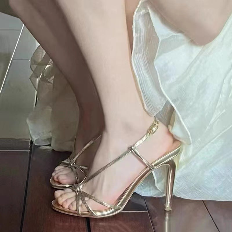 loveccr Gold Lace-up High Heels Women's plus Size New Summer Ankle-Strap Stilettos Roman Sandals Women's Foreign Trade