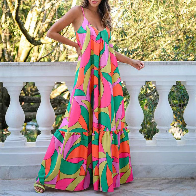 2025 summer 2025 Popular trade new commuter long dress deep V-neck backless suspender printed dress
