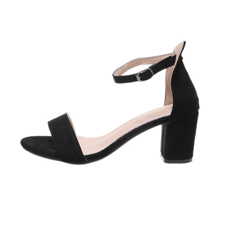 loveccr Women's Sandals Summer New Korean Style Ankle-Strap Buckle Simple Thick Heel Sandals Women's High Heel Fashion Women's Shoes Fashion