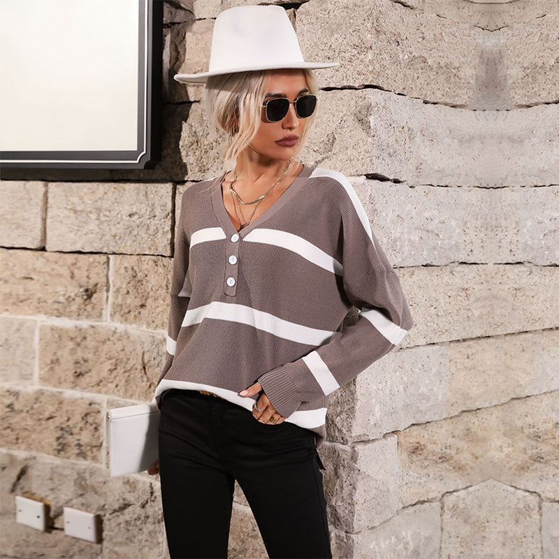 LOVECCR New Hot Trade popular New 2025 Women's Early Autumn V-Neck Long Sleeve Striped Sweater Women