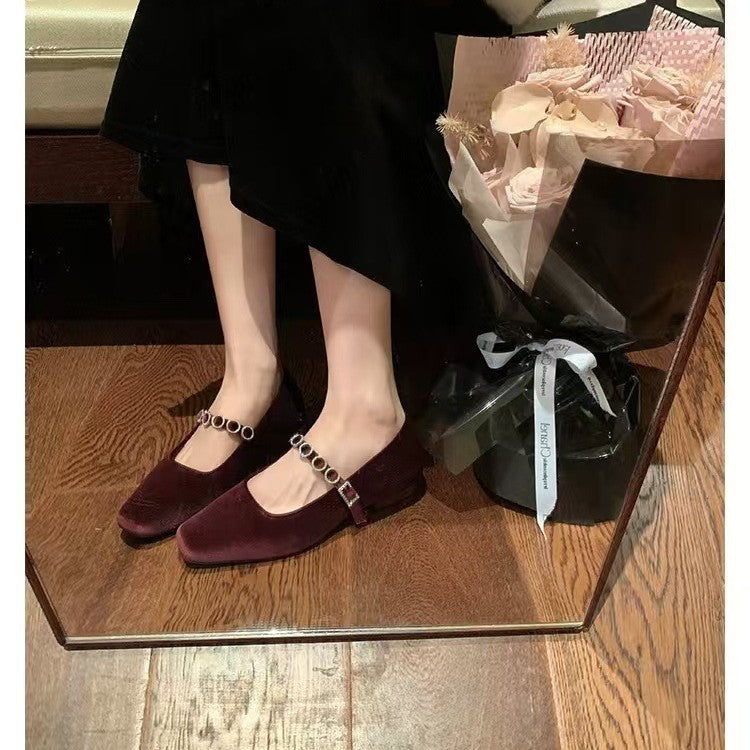 2025 Sheepskin version~ Grape mother square head shallow mouth high heels one-word diamond belt versatile commuter Mary Jane single shoes women