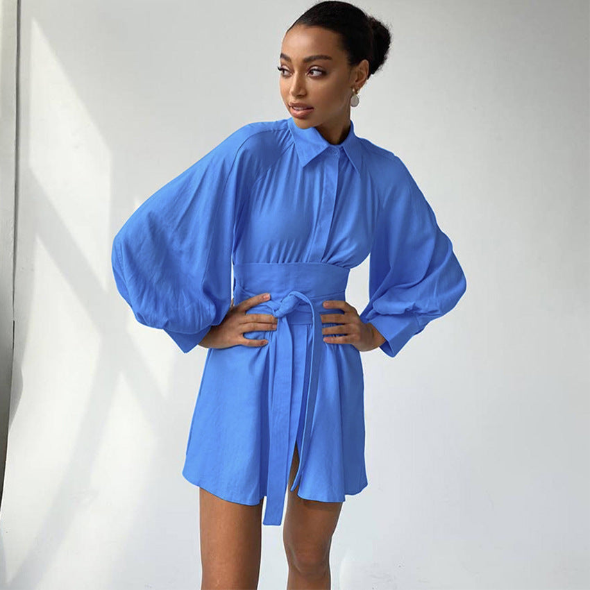 2025 autumn long-sleeved short skirt temperament commuter shirt skirt pure cotton niche dress fashionable Popular trade women's clothing