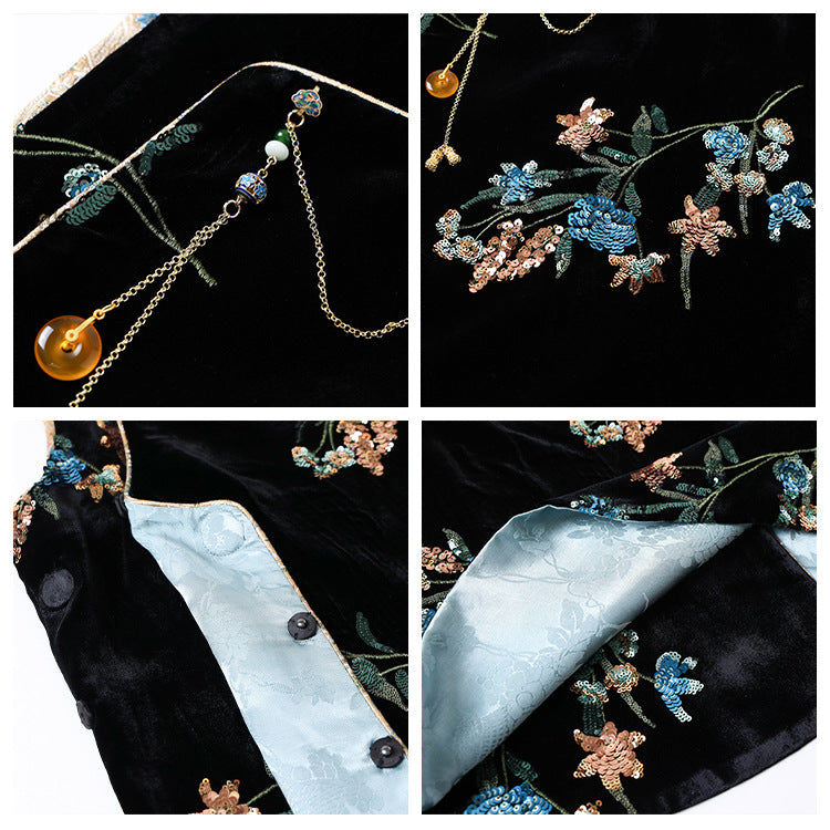 spring new new Chinese satin sequined vest national style temperament design sense black vest M3038