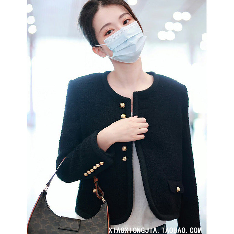 Star with the same black fragrant tweed jacket women's autumn short Korean fashionable thin top women's clothing 2025