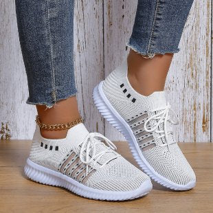 loveccr Foreign Trade plus Size Leisure Sneaker Female HOTan and NEWn New Flying Woven Wedge round Head Lace-up Women's Breathable Mesh Shoes
