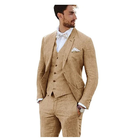 LOVECCR Men's Linen Slim Fit Suit Wedding Western Slim Fit 3 Piece Set Groom Swallowtail Best Men's Prom Suit