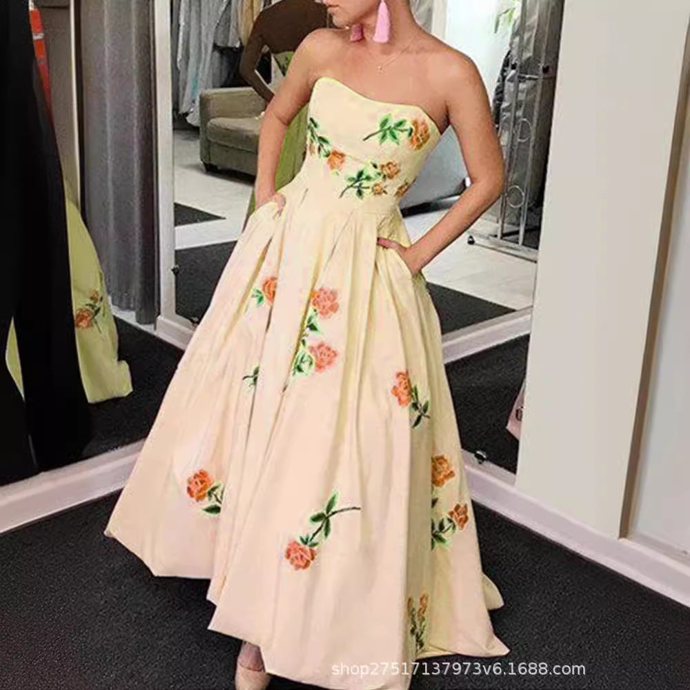 LOVECCR New Cross-Border Foreign Trade European Size Women's Clothing Independent Station Waist Digital Printing Tube Top Tuxedo Dress
