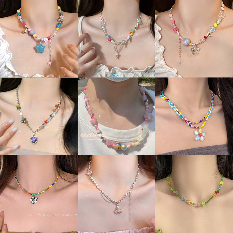 LOVECCR INS Dopamine Color Beaded Necklace New Fashion All-Match Special-Interest Design High Sense Necklace