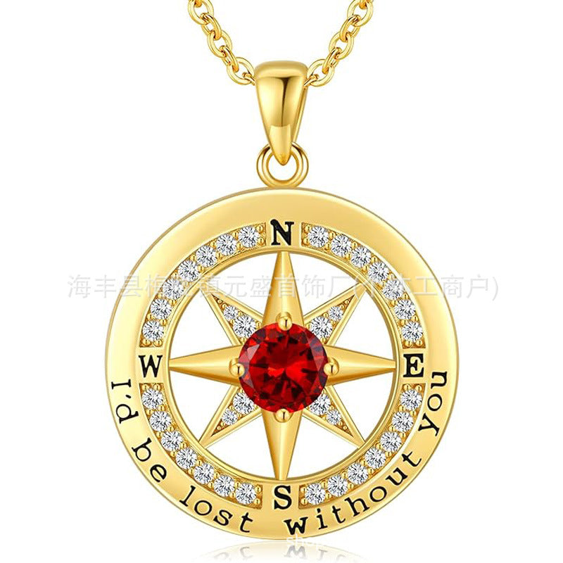 HOT and NEW Cross Border S925 Sterling Silver Compass Compass Necklace Female Twelve Birthstone Pendant Clavicle Chain