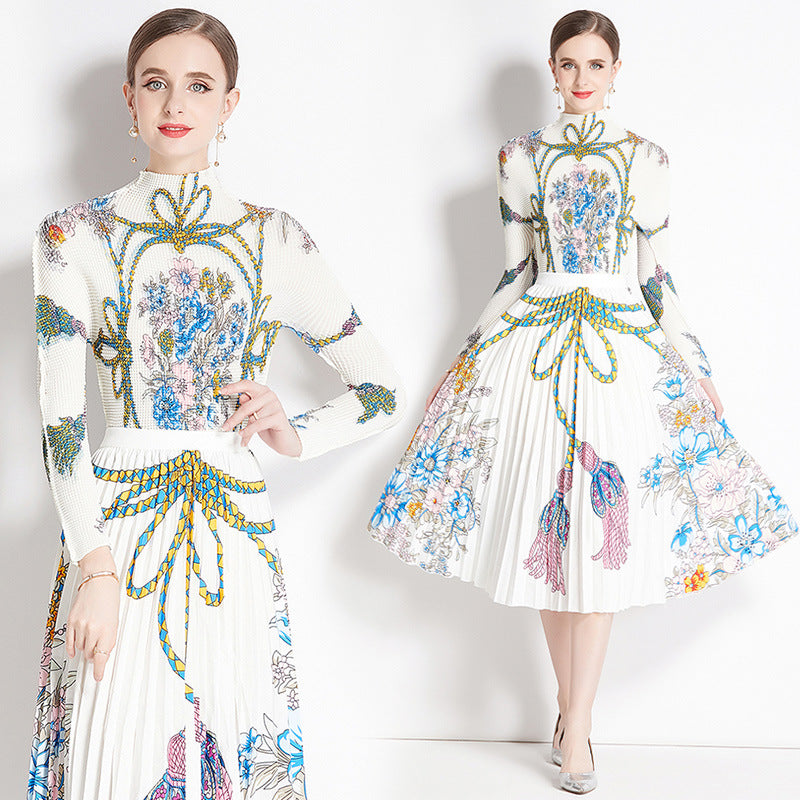 New pleated suit women's long-sleeved printed T-shirt skirt fashion temperament two-piece suit women