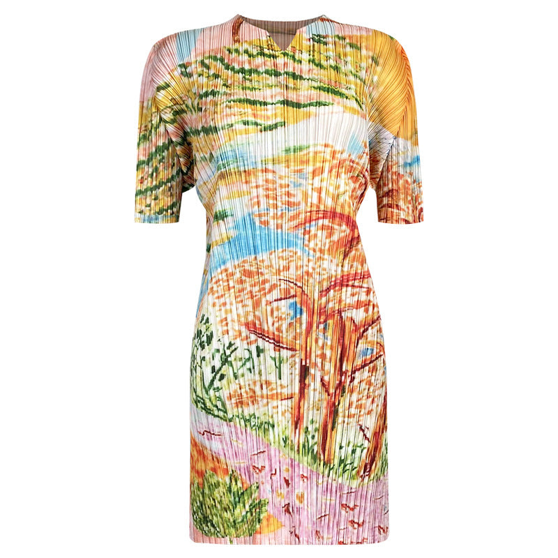 spring niche temperament tree-painted printing small V-neck short-sleeved top women's casual trousers pleated suit women's