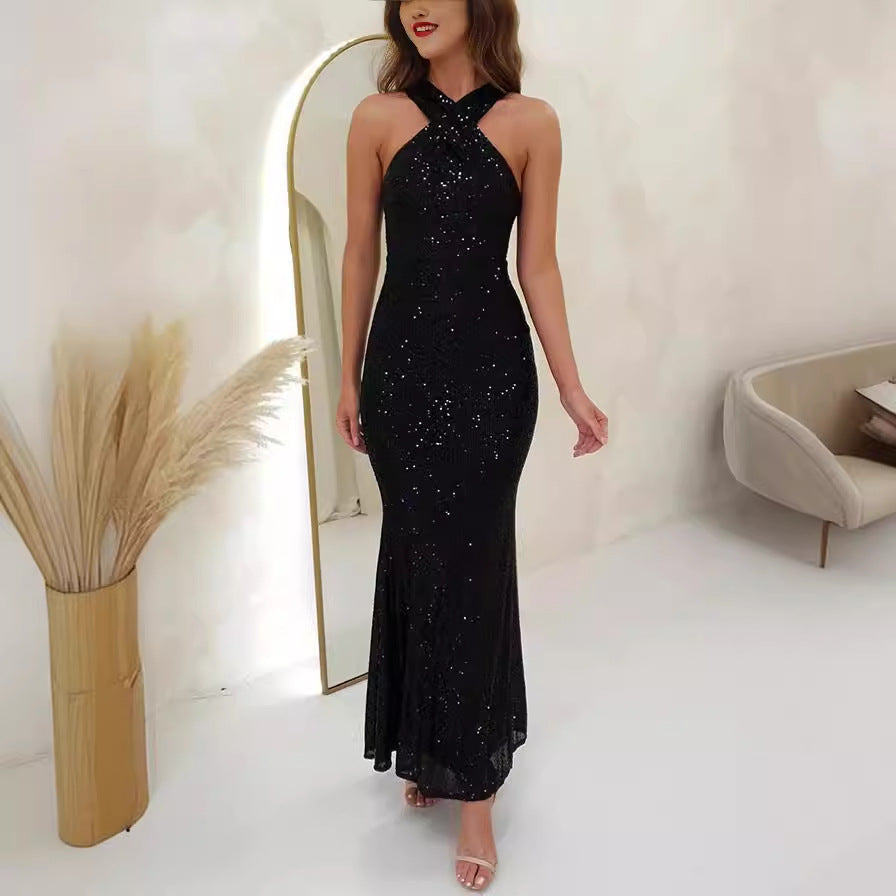 LOVECCR Cross-Border Foreign Trade Independent Station New European and American Sexy Backless Sleeveless Sequined Maxi Dress Evening Dress
