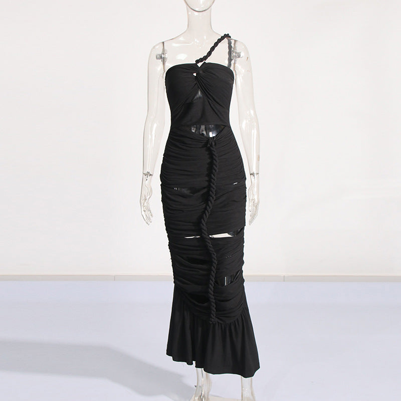 LOVERCCR Summer New One-Shoulder Hollow Design Twist Pleated Slim Slimming Bandage One-Piece Dress Women's Formal Dress