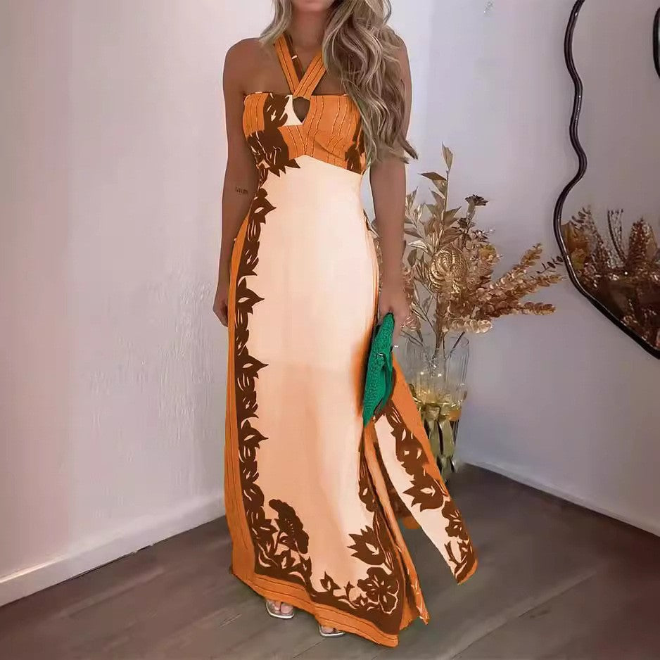 2025 summer New new 2025 neck sexy color matching fashion vacation beach long printing dress women's clothing