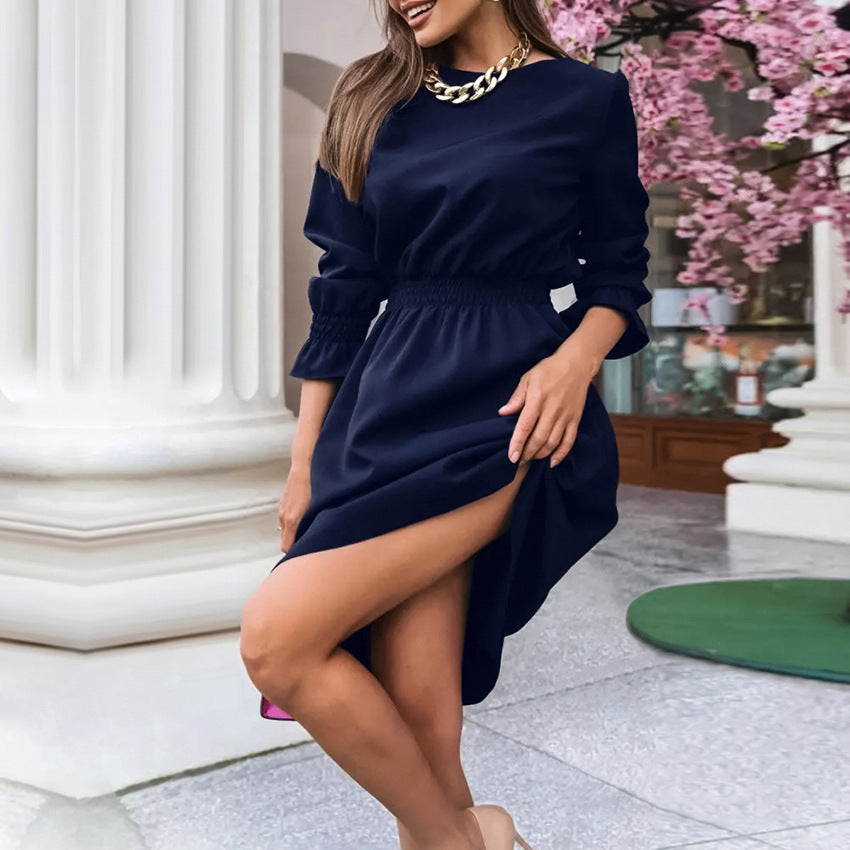 2025 Burgundy round neck lantern sleeve high waist pullover dress popularwildberries spring hot new product women