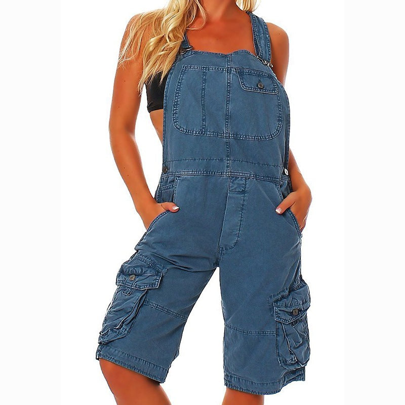 2024 U-Collar Strap Type Suspender Pants Women's Casual Fashion Double-Shoulder Strap Pocket Denim Shorts