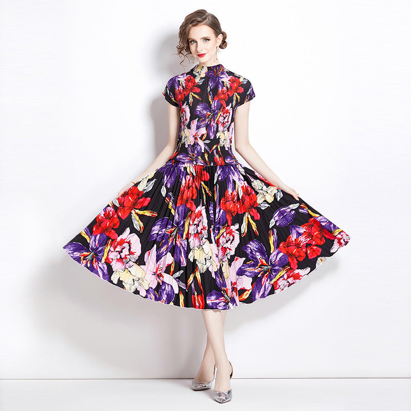 Pleated summer new fashion slim-fit shirt + printed pleated skirt two-piece set