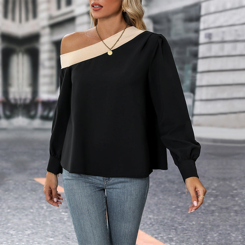 LOVECCR New Hot Trade Top Hot Autumn New 2025 Women's Clothing Color Matching Slash Shoulder Shirt Women