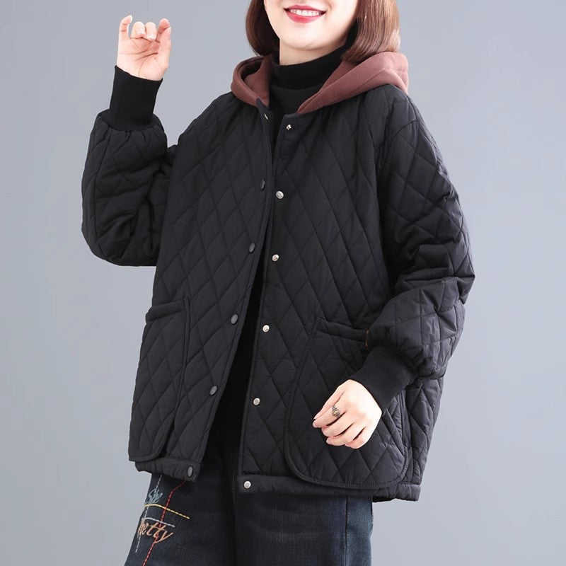 popular winter new Korean version loose large size rhombus grid hooded padded cotton fashionable thickened casual cotton-padded jacket women