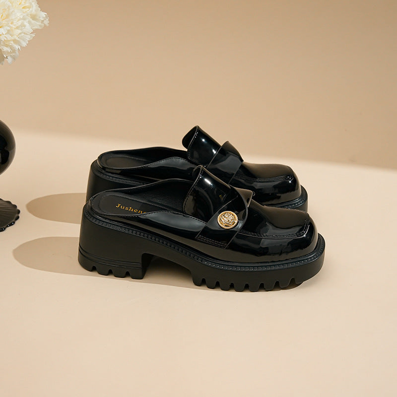 2025 Cowhide version~ New leather bag head half drag women's summer new sandals loafers wear thick-soled lazy small leather shoes