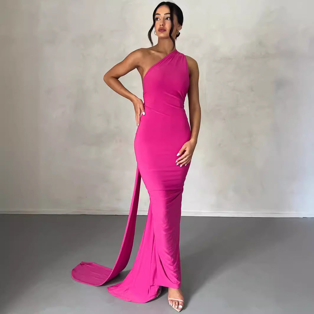 LOVECCR 2025 style women's clothing Hot summer new product slanted shoulder sexy slim backless pleated hollow strap long dress