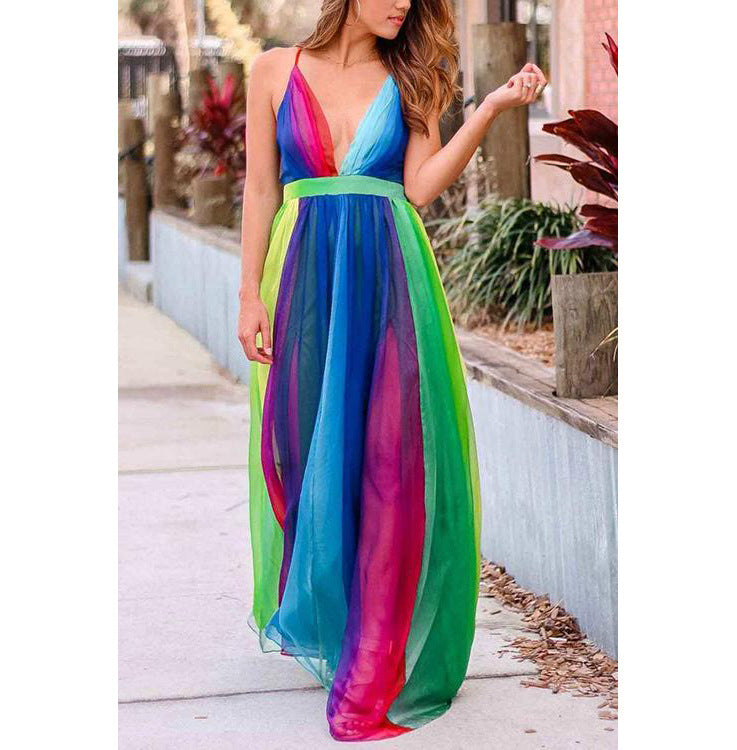2025 New new spring and summer 2025 Popular trade women's long dress sexy deep V rainbow mesh suspender, dress