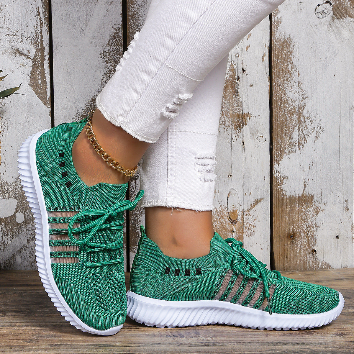 loveccr Foreign Trade plus Size Leisure Sneaker Female HOTan and NEWn New Flying Woven Wedge round Head Lace-up Women's Breathable Mesh Shoes