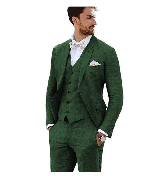 LOVECCR Men's Linen Slim Fit Suit Wedding Western Slim Fit 3 Piece Set Groom Swallowtail Best Men's Prom Suit