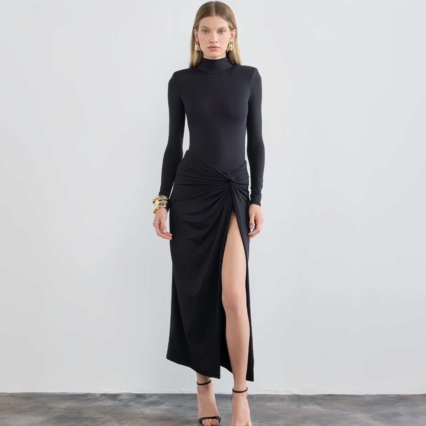 LOVECCR2025 style cross-border autumn new women's clothing semi-turtleneck sexy split pleated fashion temperament dress women