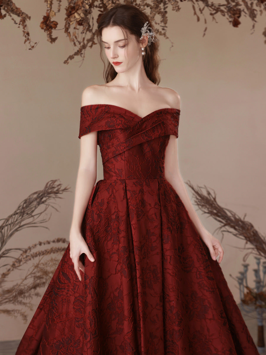 LOVERCCR off-Shoulder Printed Satin Toast Dress New Bride Marriage Engagement Hepburn Style High-End Evening Dress
