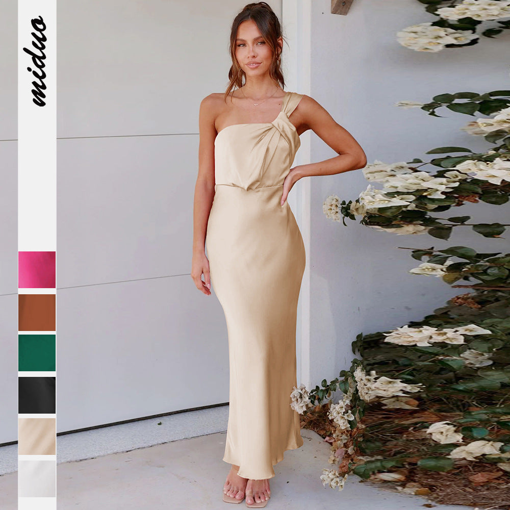 LOVERCCR Cross-Border New Acetate European and American Women's Clothing Elegant One-Shoulder Satin Toast Dress Bridesmaid Dress Slim Fit Dress