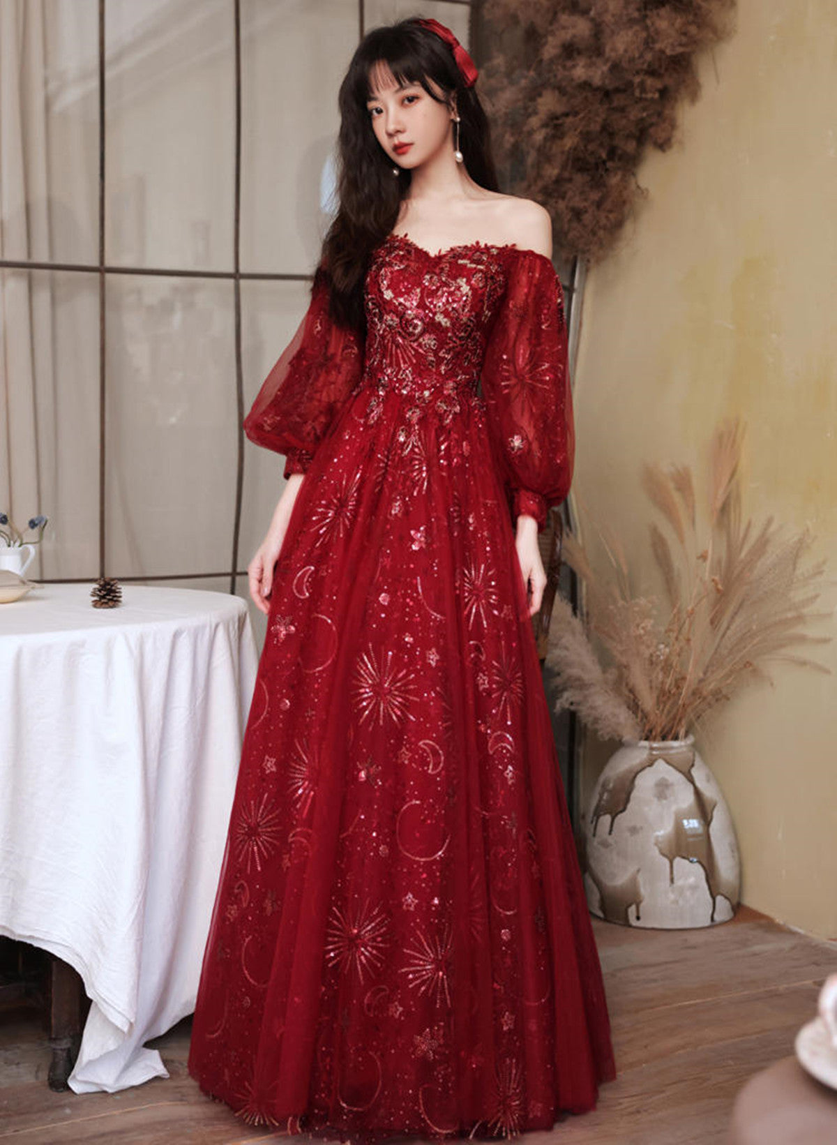 LOVECCRWine Red Tulle Shiny Tulle Puffy Sleeves Prom Dress, Wine Red Long Party Dress