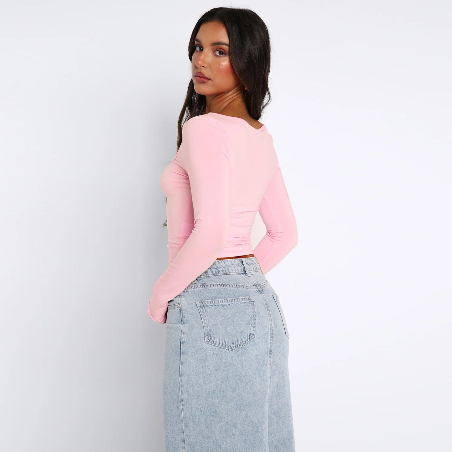 LOVECCR 2025 women's clothing Hot summer new sexy fashion slim and thin navel solid color long-sleeved top T-shirt