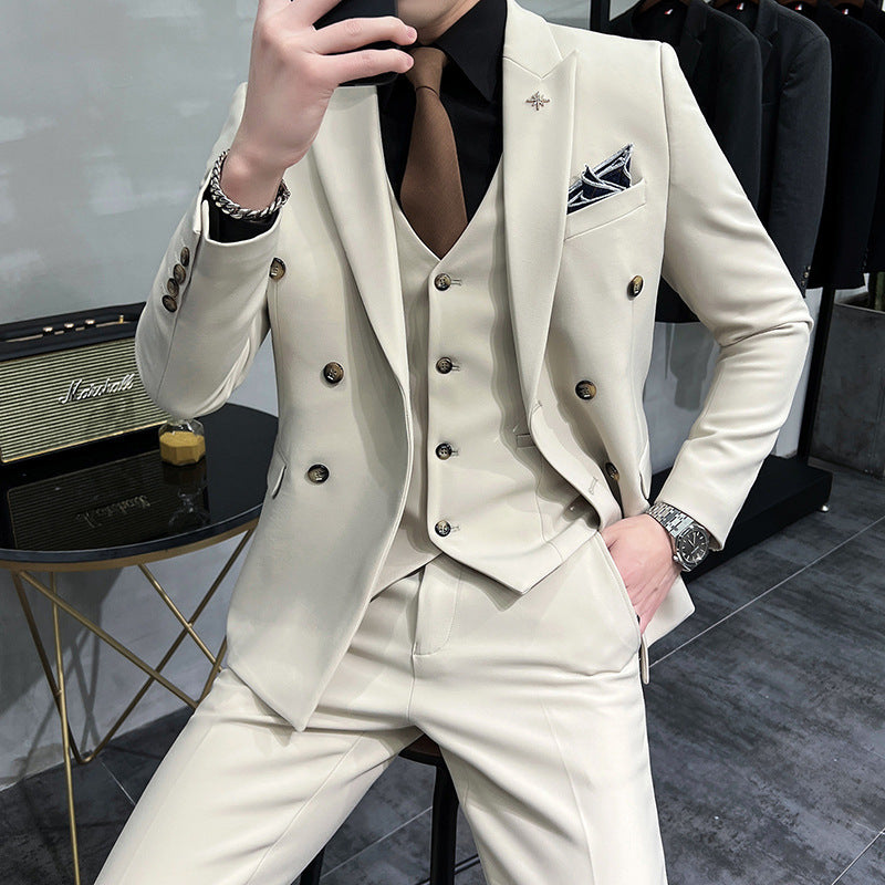 LOVECCR Double Breasted White Suit Set Men's Business Formal High-Grade British Style Suit Men's Groom Wedding Suit