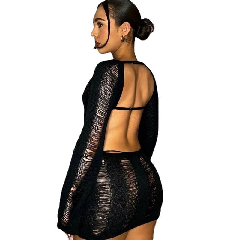 LOVECCR Long Sleeve Hollow-out Backless Dress Sexy Tight Hollowed-out Sheath Wool 2022 Spring and Summer European and American Women's Clothing Dress