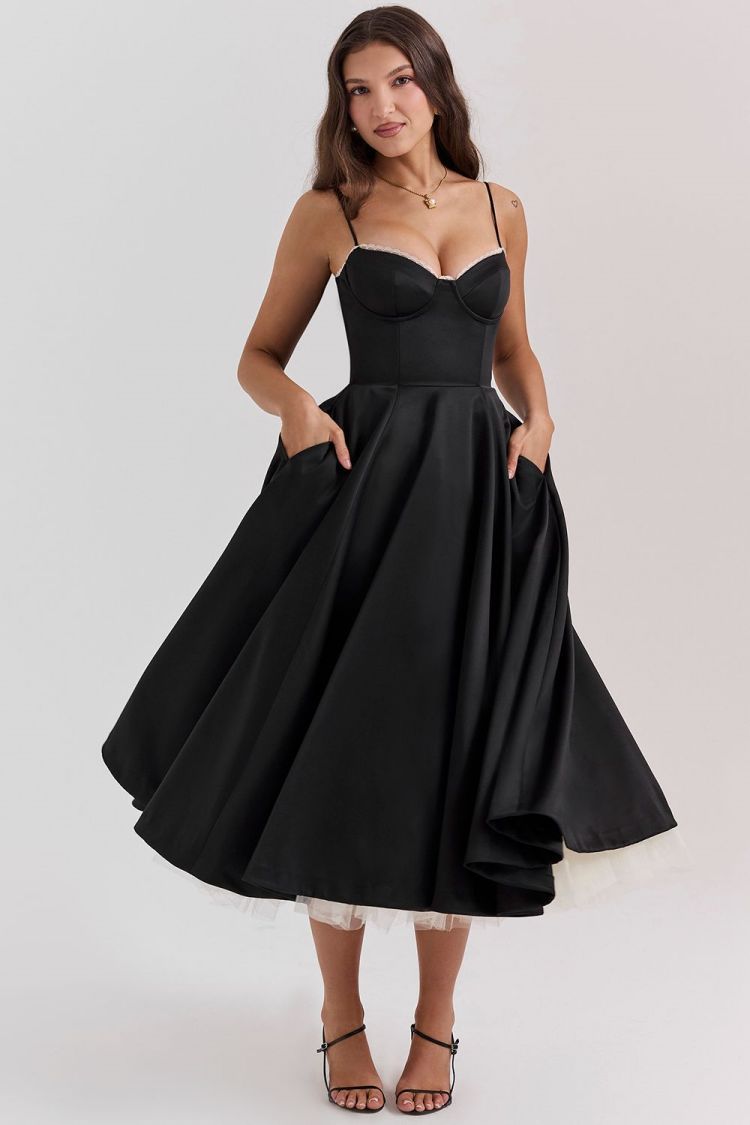 LOVERCCR Foreign Trade High-End Cross-Border Women's Clothing Sexy Sling Hard Net Large Swing Dress Long Dress Temperament Slim Formal Dress
