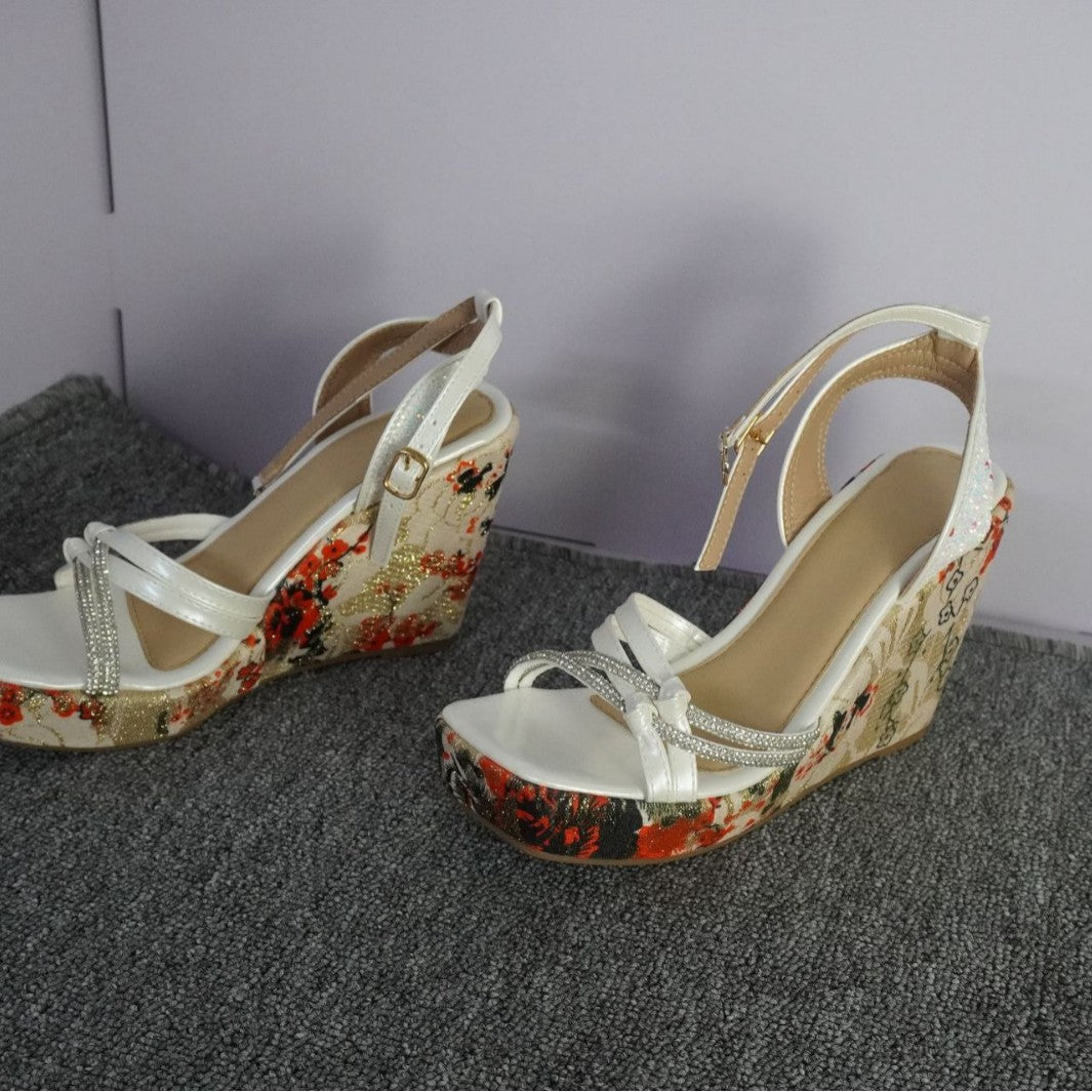 2025 Cowhide version~ Summer new versatile leather wedge sandals fashion rhinestone high heels platform muffin sandals