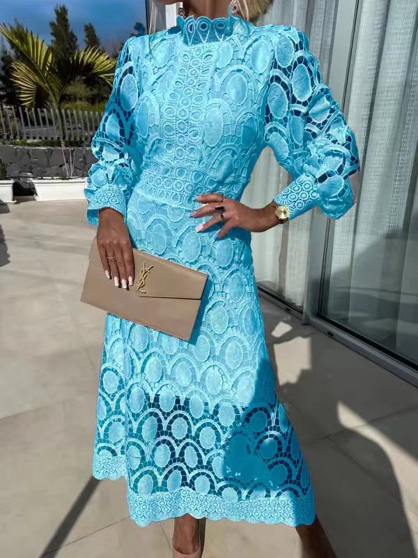 Spring New Style Lace Stand Collar Puff Sleeve Waist Slimming Dress Graceful European and American Long Dress