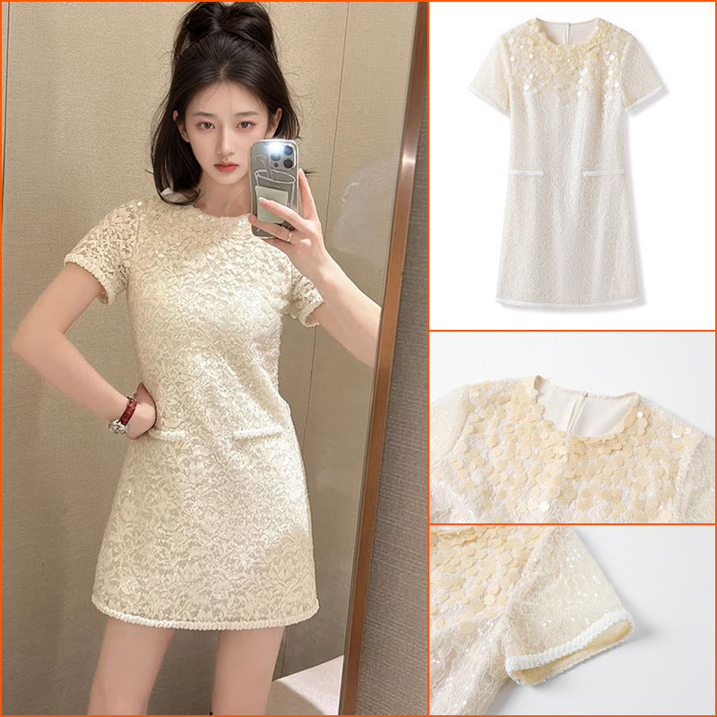 summer new white sequined dress temperament high sense light luxury niche design skirt M4048