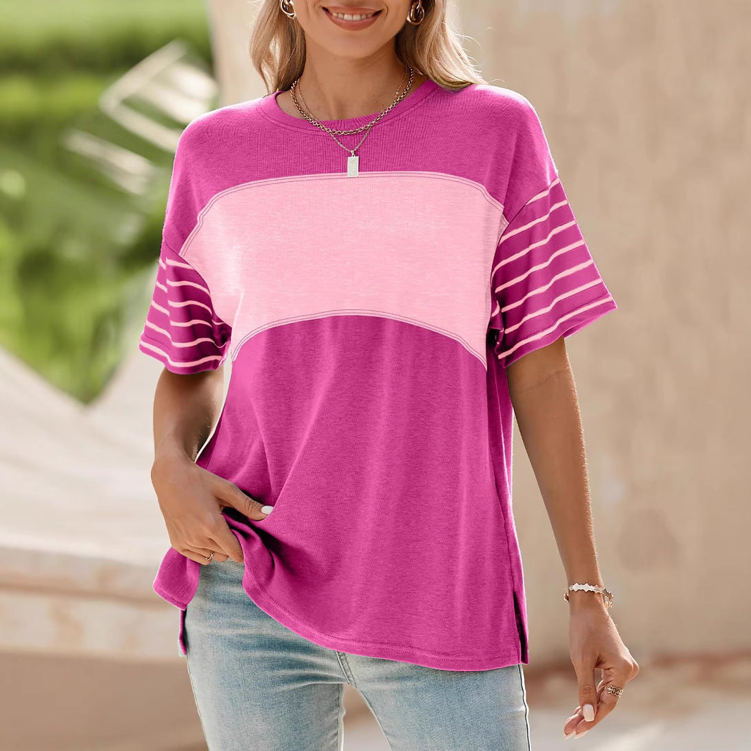 2025 Popular, , New women's clothing spring and summer new pullover round neck casual striped contrasting color short-sleeved t-shirt women