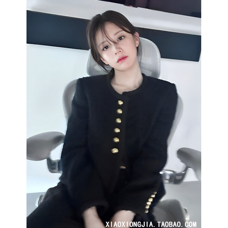 Star with the same black fragrant tweed jacket women's autumn short Korean fashionable thin top women's clothing 2025