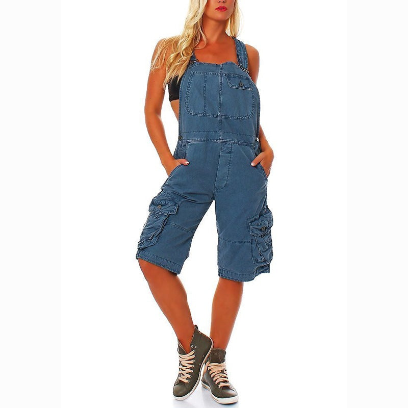 2024 U-Collar Strap Type Suspender Pants Women's Casual Fashion Double-Shoulder Strap Pocket Denim Shorts