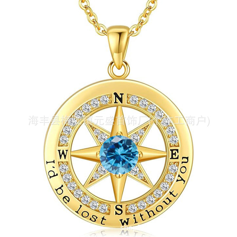 HOT and NEW Cross Border S925 Sterling Silver Compass Compass Necklace Female Twelve Birthstone Pendant Clavicle Chain