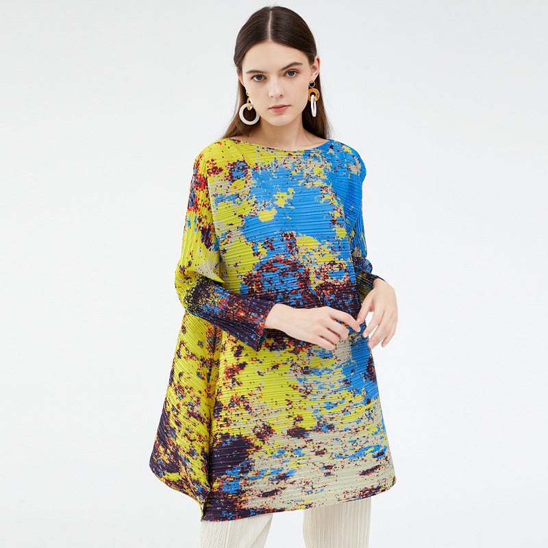 Miyake spring new irregular contrasting color long-sleeved casual niche top women's starry sky printing fashion T-shirt