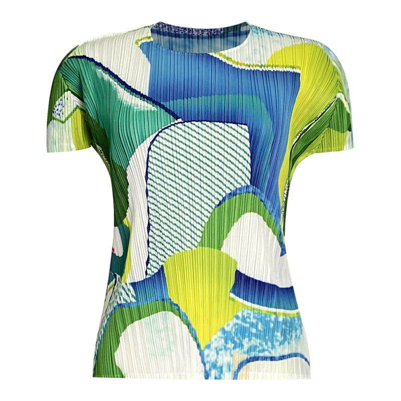 Miyake casual printing suit, summer new women's short-sleeved top, fashionable Korean version of drape trousers, two-piece set for women