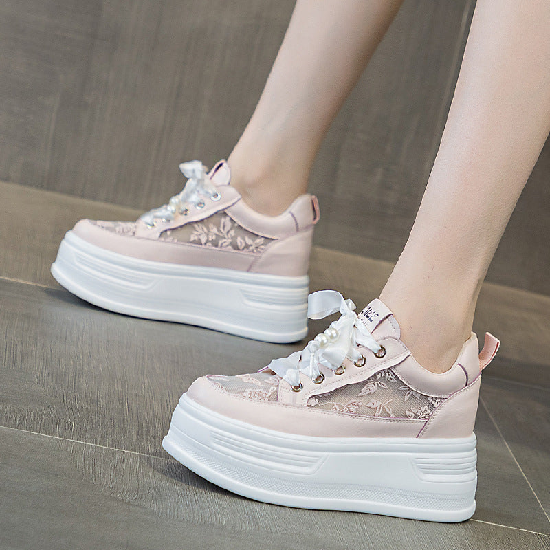 loveccr Lace Mesh Hidden Heel White Shoes Women's Summer New Versatile Fashion Casual Shoes Platform Muffin Sneakers