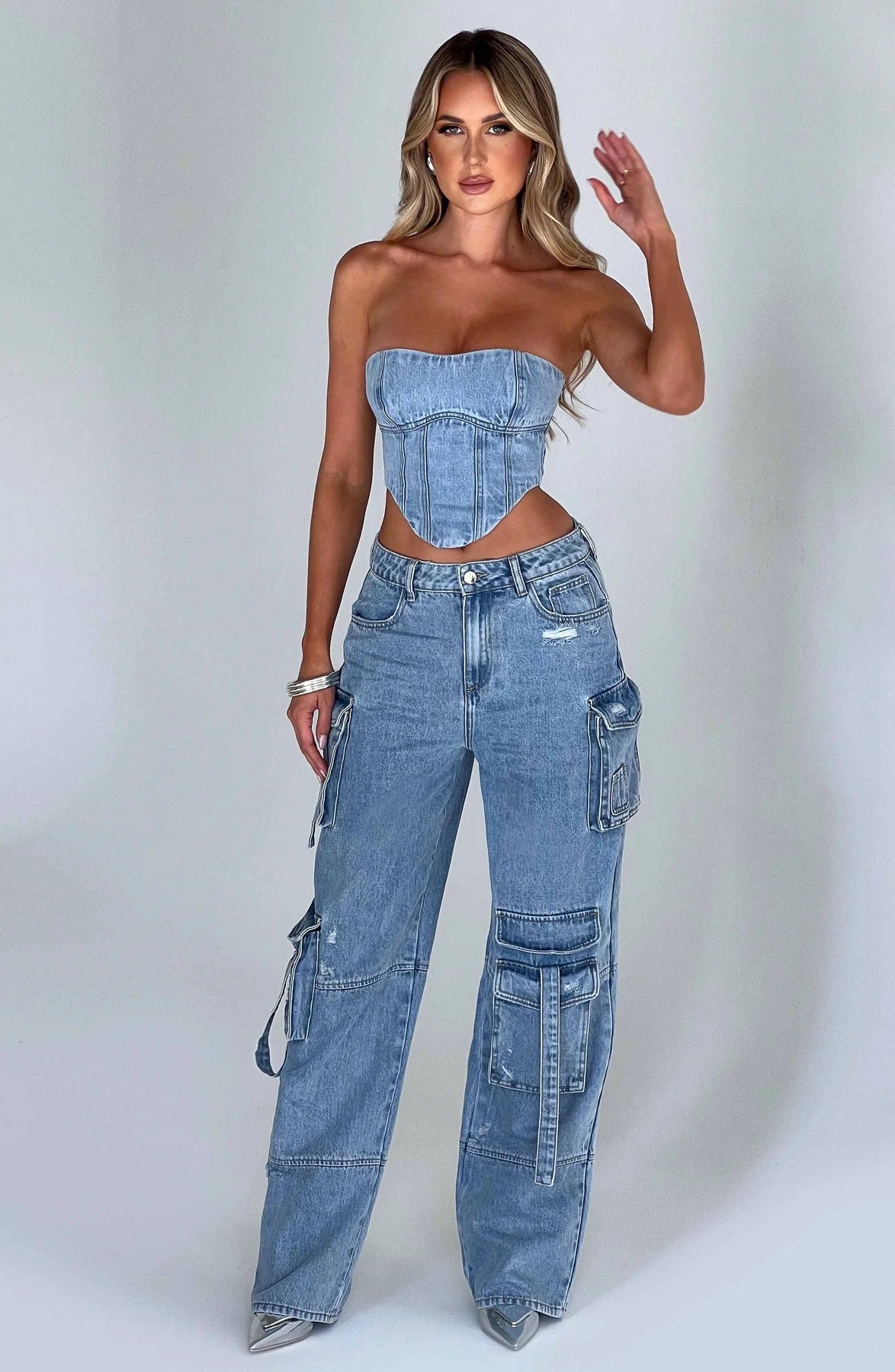 European and American Hot Girl Fashion All-Match Figure Flattering Straight-Leg Pants Women's Multi-Pocket Flip Design Sense Tooling Style Jeans