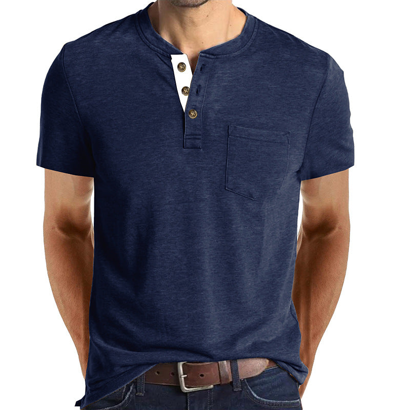 Summer European and American Men's Short-Sleeved T-shirt Foreign Trade Men's Henry T-shirt Cross-Border Clothing round Neck Top