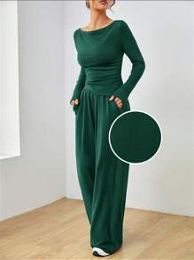 2025 autumn and winter New suit solid color long-sleeved casual wide-leg trousers fashion two-piece women's clothing